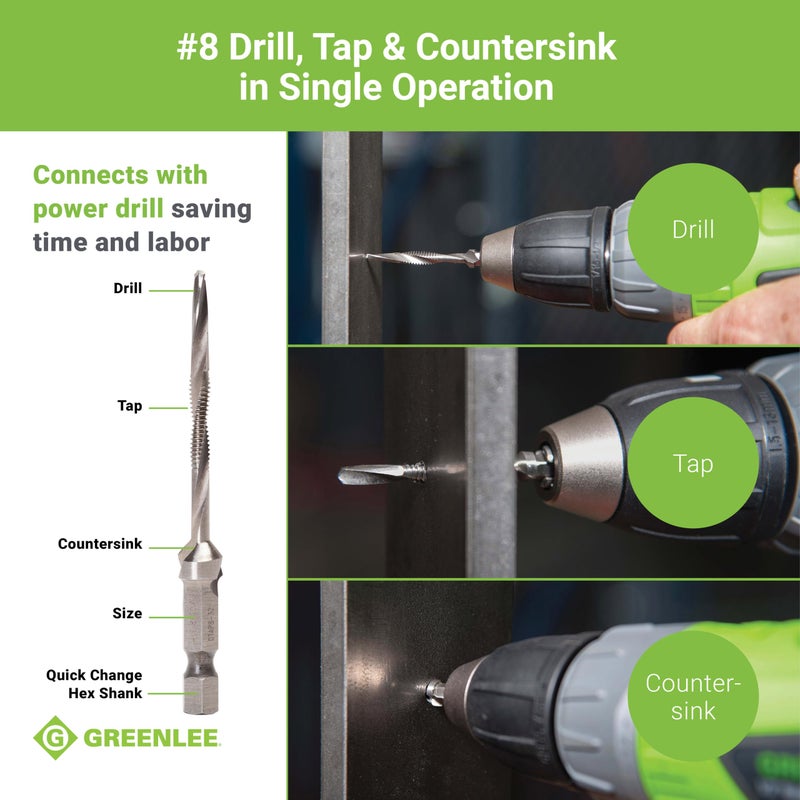 Greenlee DTAP8-32 Combination Drill/Tap Countersink Drill Bit for up to 10-Gauge Metal, Combination Drill, Tap, and Deburr Bit with Quick Change Hex, 8-32 NC - Image 4